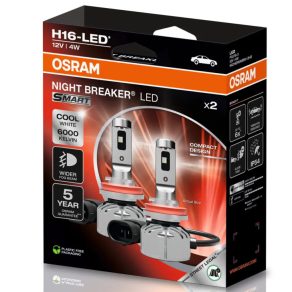   Set de lămpi de ceață Osram Night Breaker LED Smart H16, fascicul extra larg, lumină albă rece 6000K, durată de viață de până la 6 ori mai lungă, soclu PGJ19-3, 64219DWNBSM-2HB, 2 buc./pachet