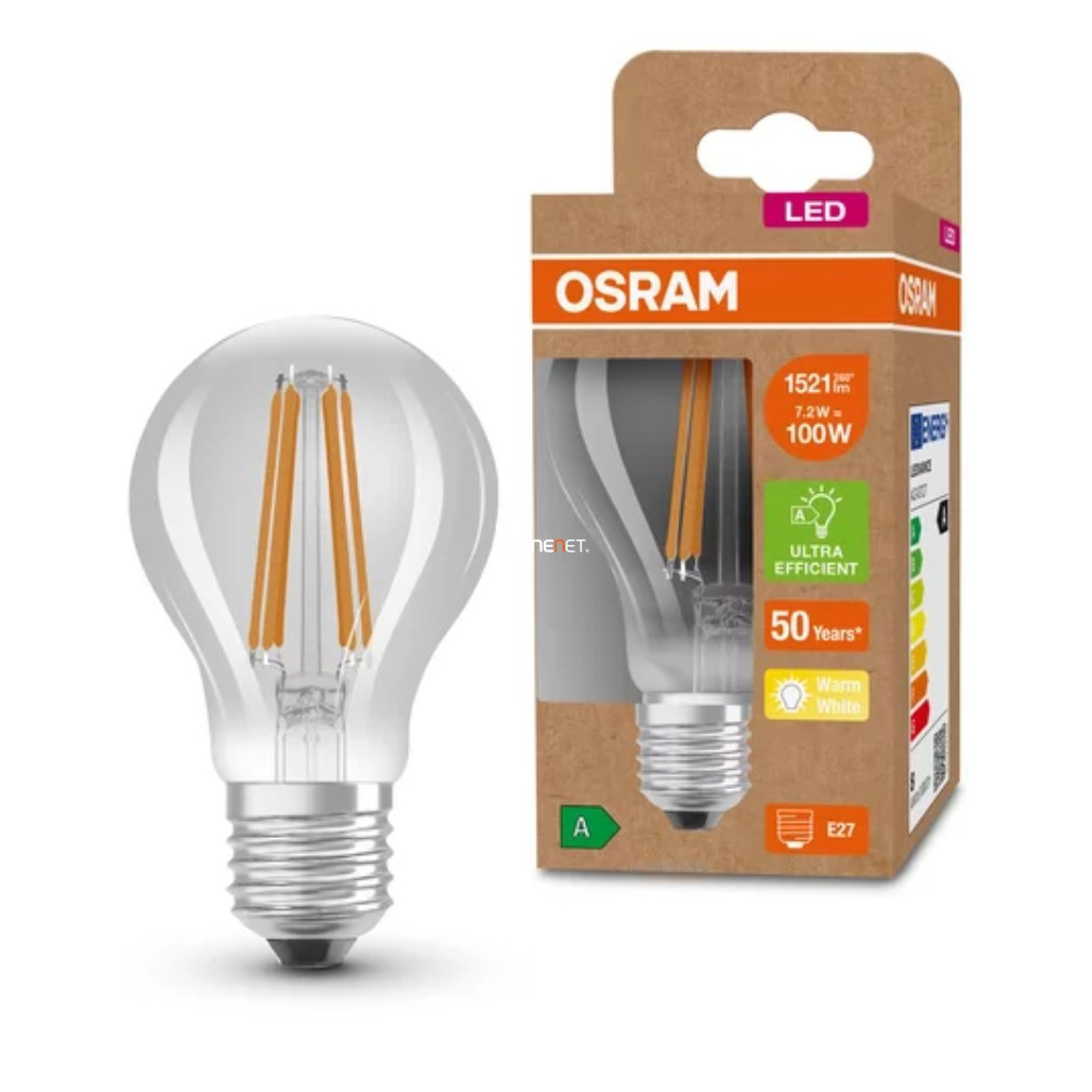 Osram E27 LED filament, 7,2 W, 1521 lm, lumină albă caldă cu abajur transparent (Classic-A)