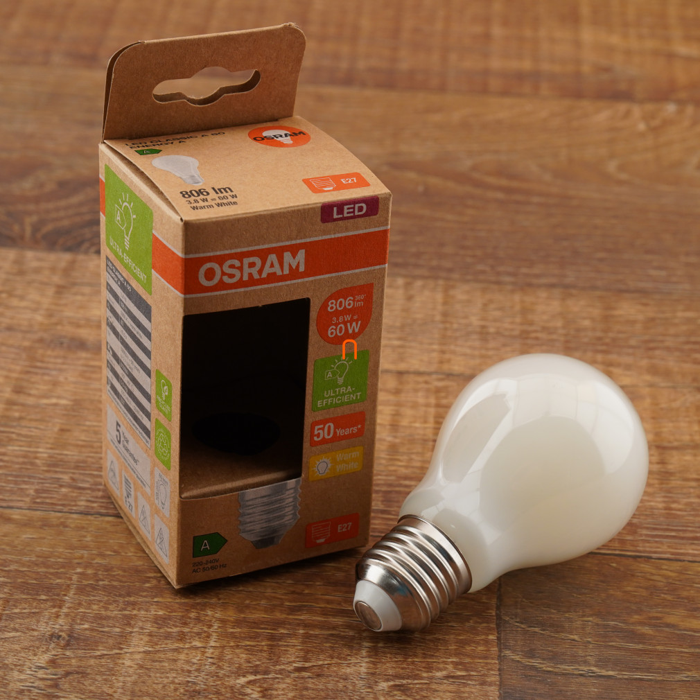 Filament LED Osram E27 cu filament opal, 3,8 W, 806 lm (Classic-A)