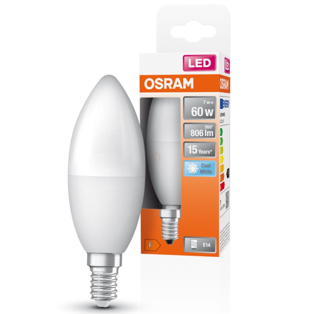 Lămpă LED Osram E14, 7,5 W, 806 lm, 4000 K, alb rece, plastic opal - înlocuiește becul de 60 W - Star Classic B