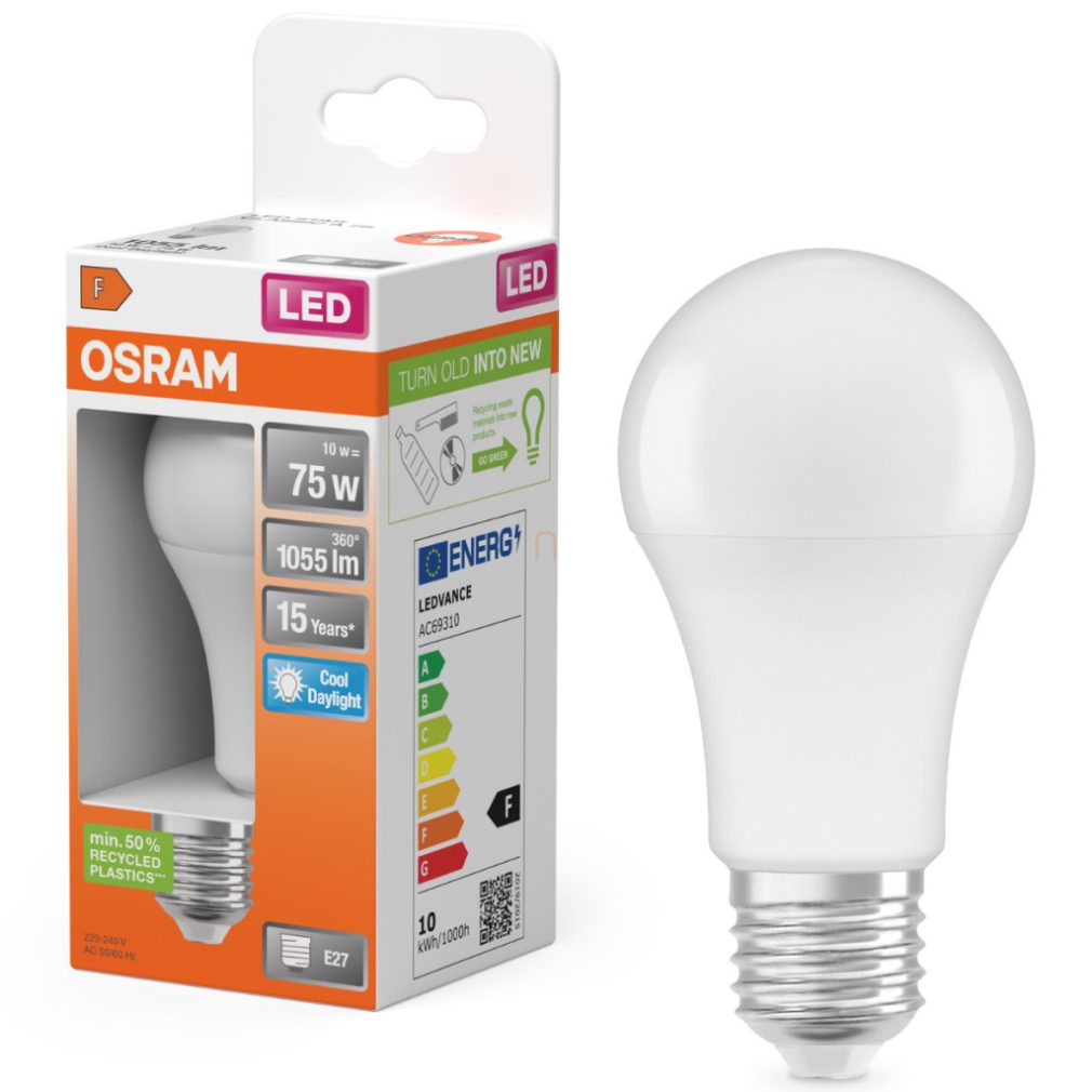 Osram E27 LED 10W, 1055 lm, 6500 K, lumină naturală, plastic opal - înlocuiește becul normal de 75 W - Star Classic A