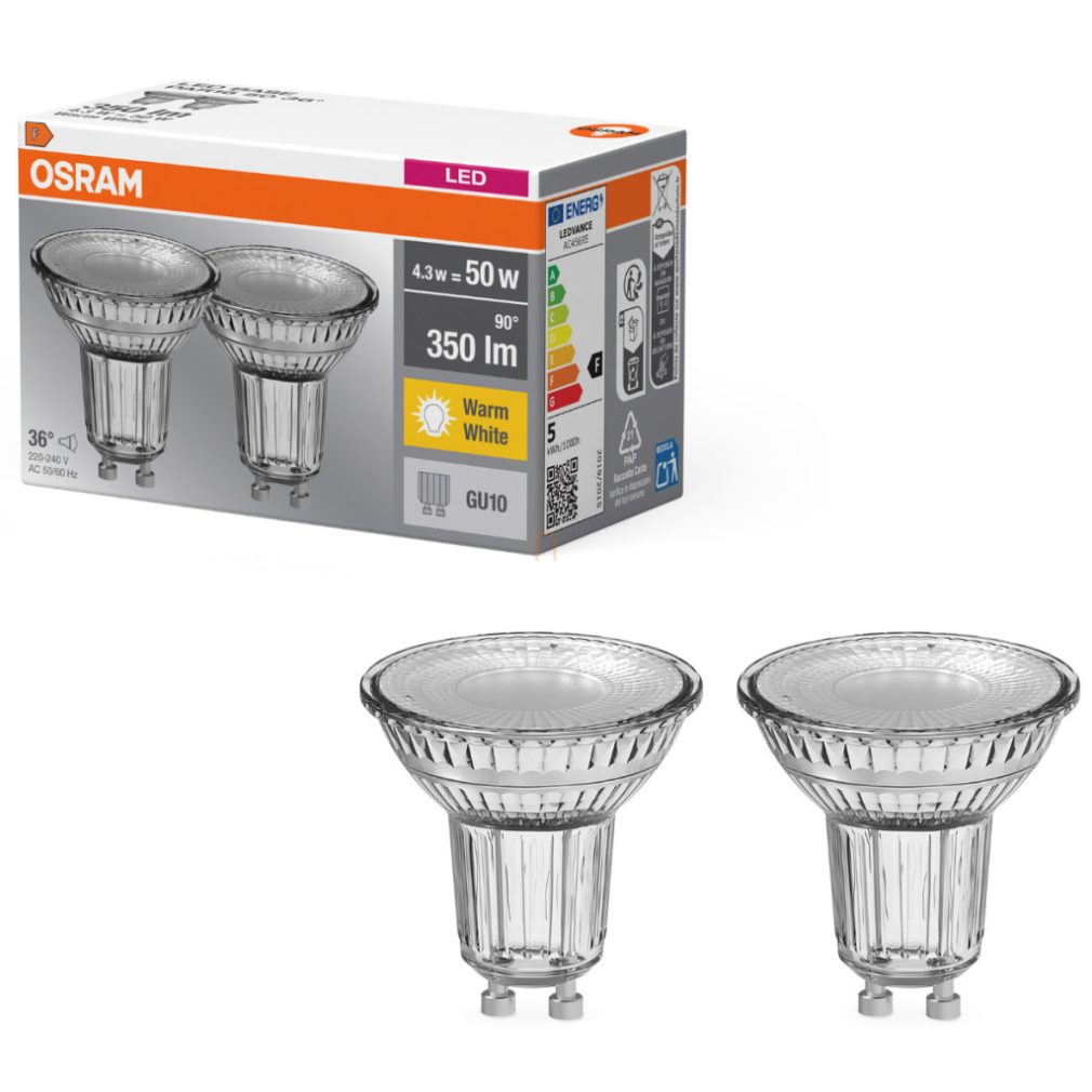 Osram GU10 LED 4,3W, 350 lm, 2700 K, alb cald, sticlă transparentă - înlocuiește becul de 50 W, 2 bucăți - Base Spot PAR16