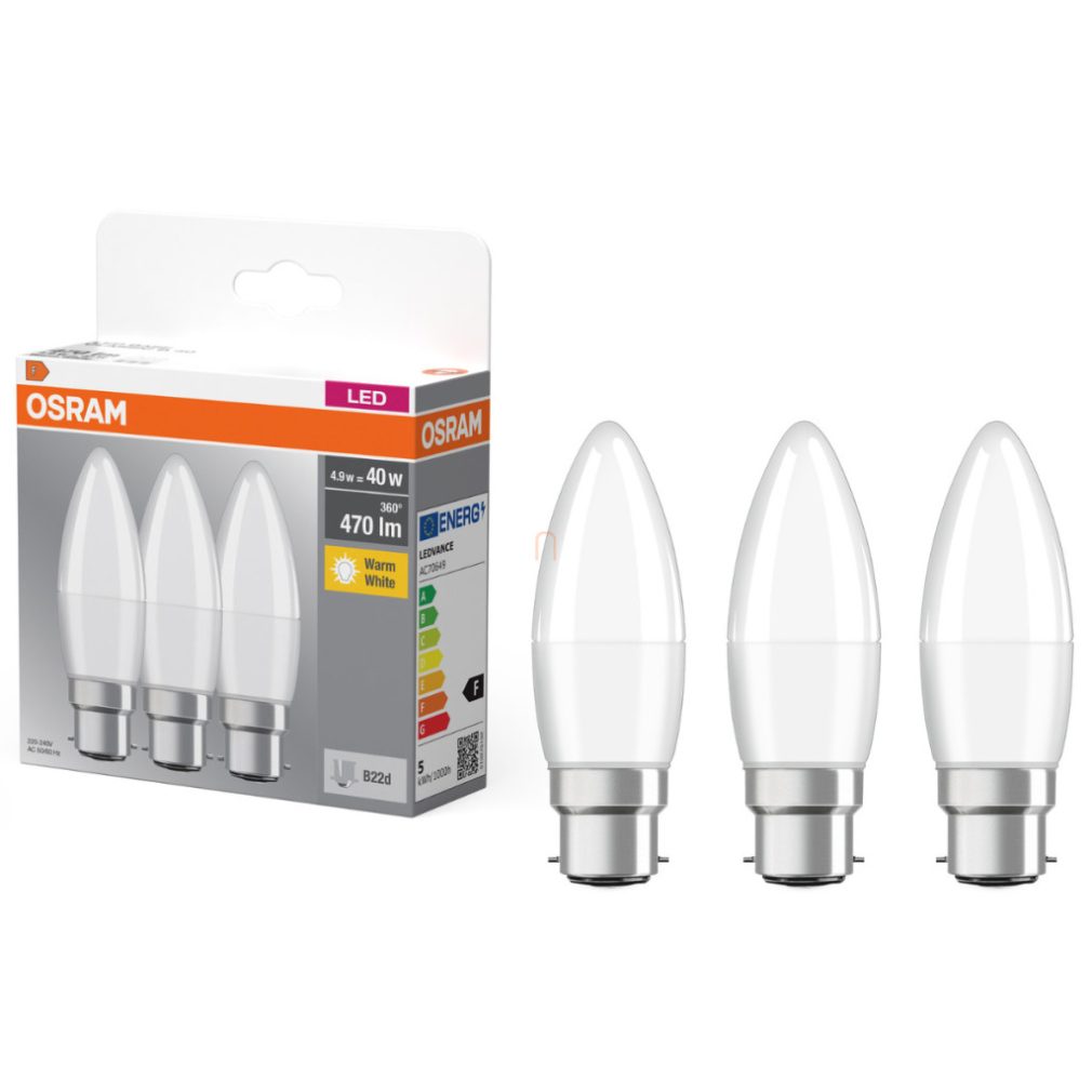 Osram B22d LED 4,9W, 470 lm, 2700 K, alb cald, plastic opal - înlocuiește becul de 40 W, 3 bucăți - Base Classic B
