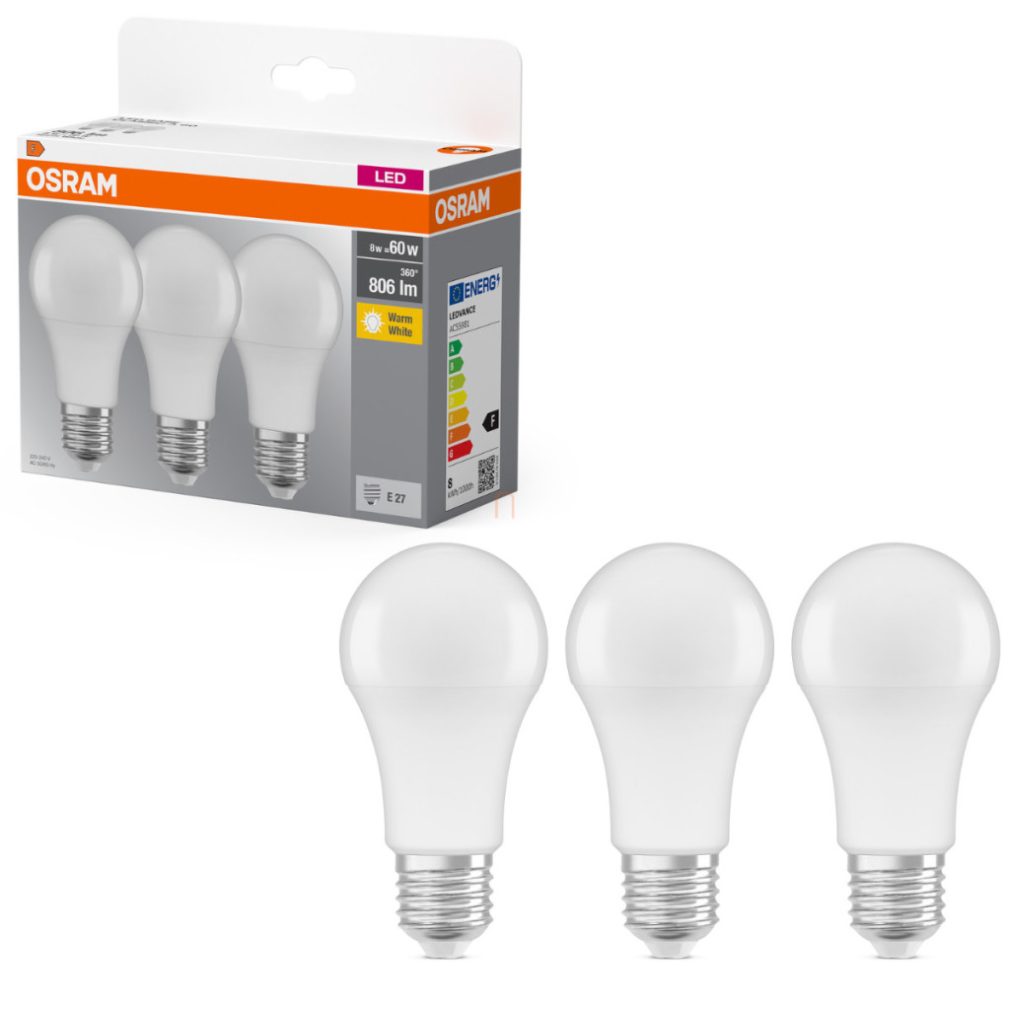Osram E27 LED 8W, 806 lm, 2700 K, alb cald, plastic opal - înlocuiește becul normal de 60 W, 3 bucăți - Base Classic A