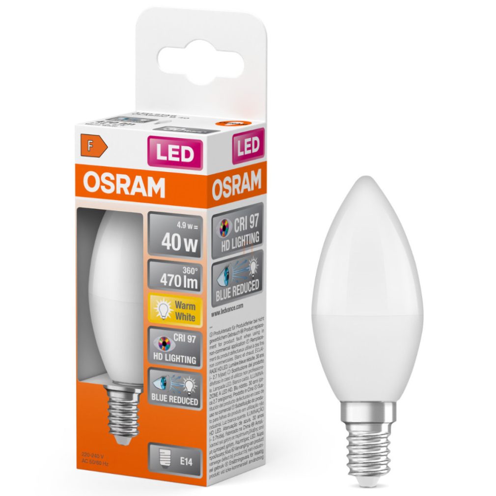 Lămpă LED Osram E14, 4,9 W, 470 lm, 2700 K, alb cald, plastic opal - înlocuiește becul incandescent de 40 W - Superstar+ Classic B