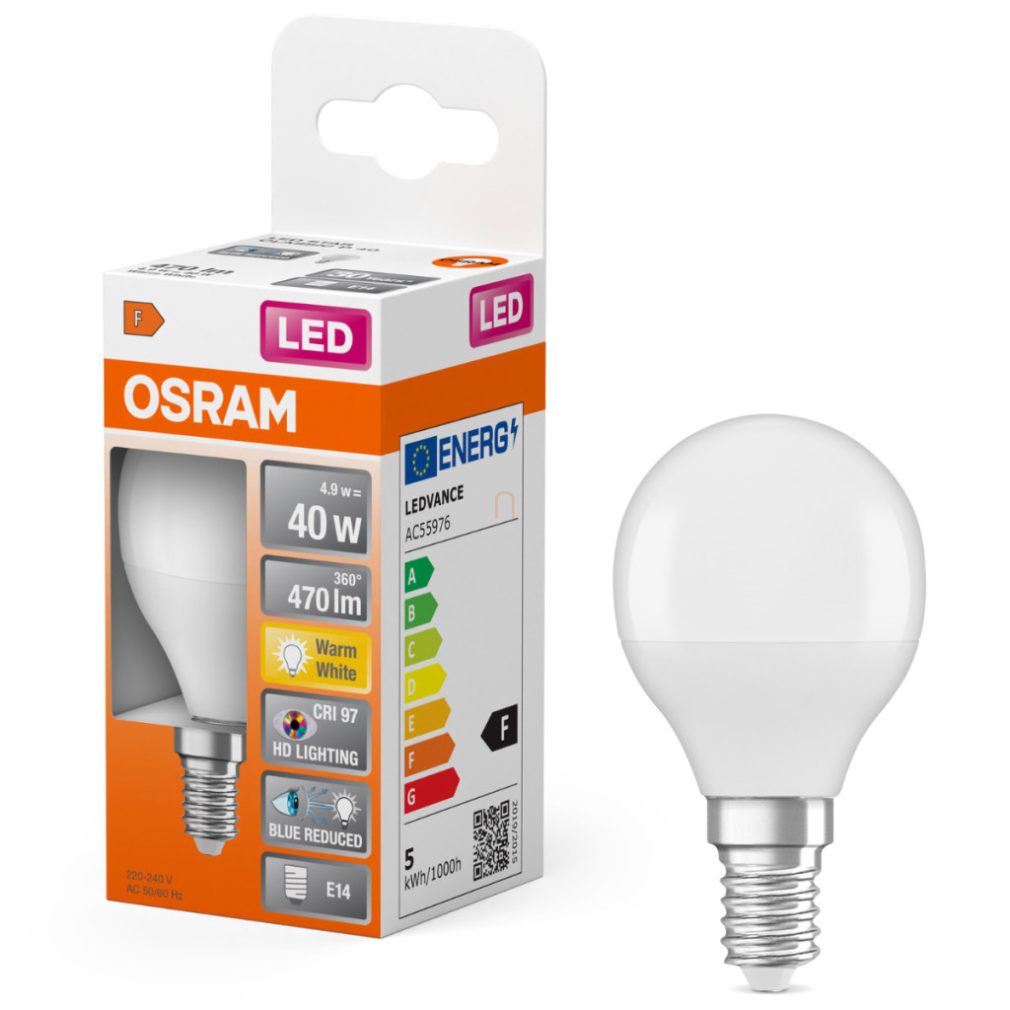 Osram E14 LED mini glob, 4,9 W, 470 lm, 2700 K, alb cald, plastic opal - înlocuiește becul incandescent de 40 W - Superstar+ Classic P