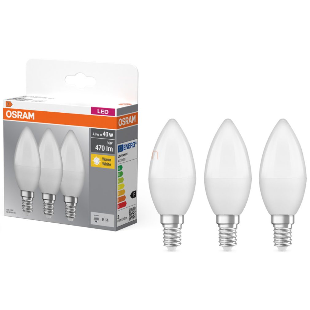 Osram E14 LED bec, 4,9 W, 470 lm, 2700 K, alb cald, plastic opal - înlocuiește becul incandescent de 40 W, 3 bucăți - Base Classic B