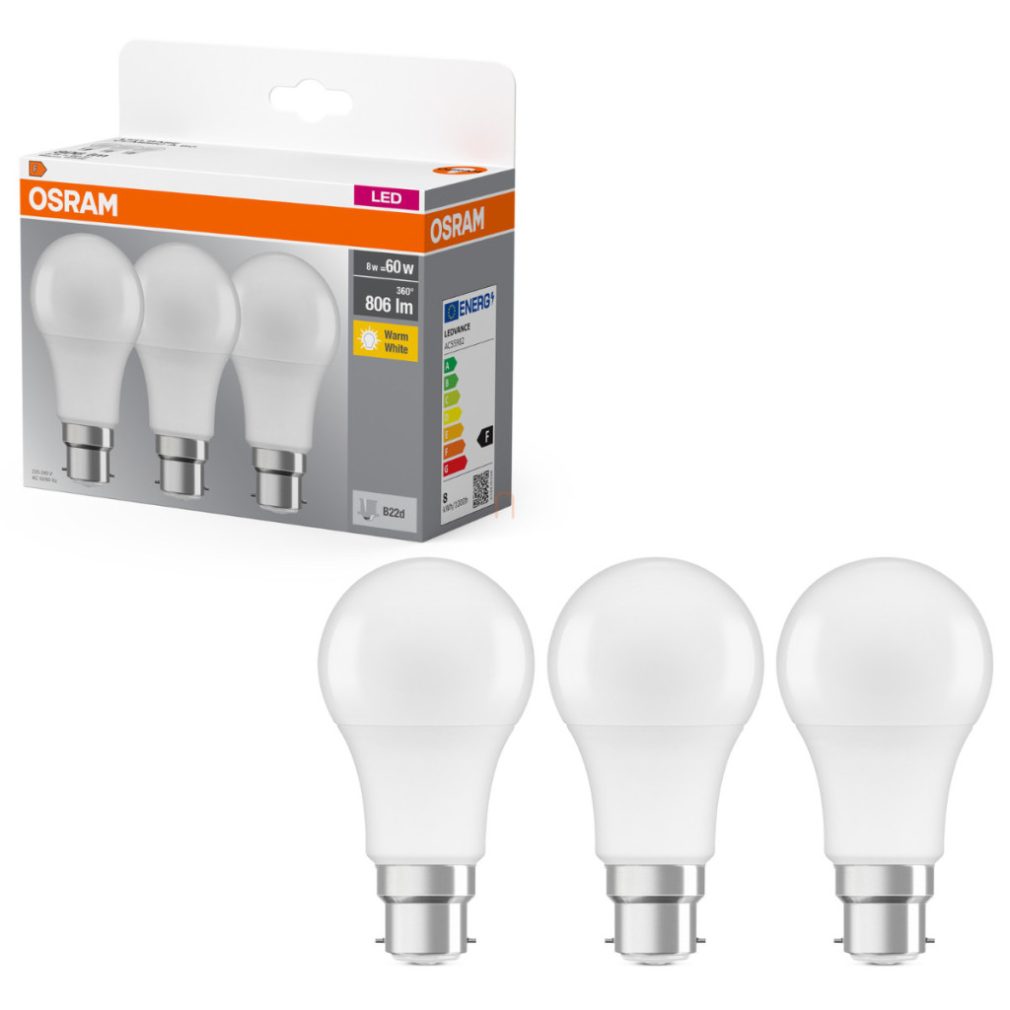Osram B22d LED 8W, 806 lm, 2700 K, alb cald, plastic opal - înlocuiește becul de 60 W, 3 bucăți - Base Classic A