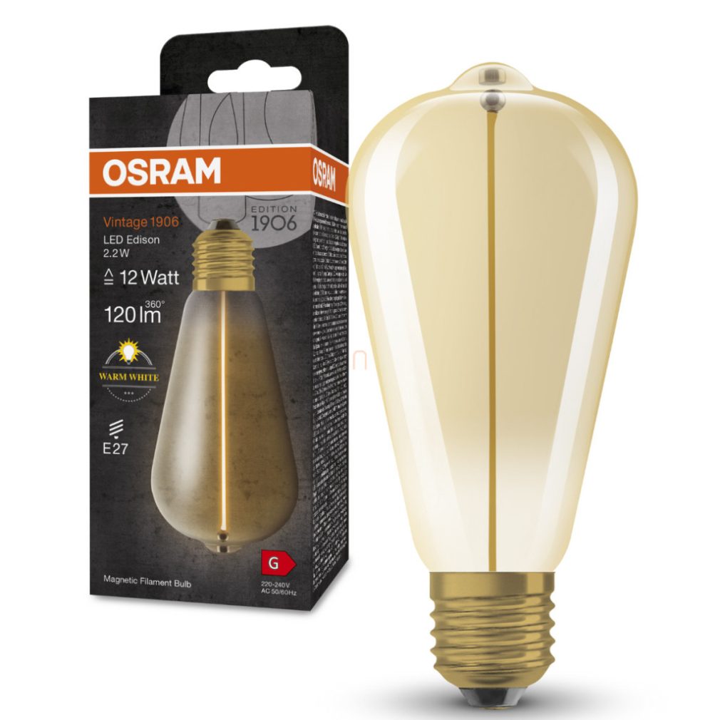 Osram E27 LED 2,2W, 120 lm, 2700 K, alb cald, sticlă aurie - înlocuiește becul de 10 W - Vintage 1906 Classic Edison Gold filament