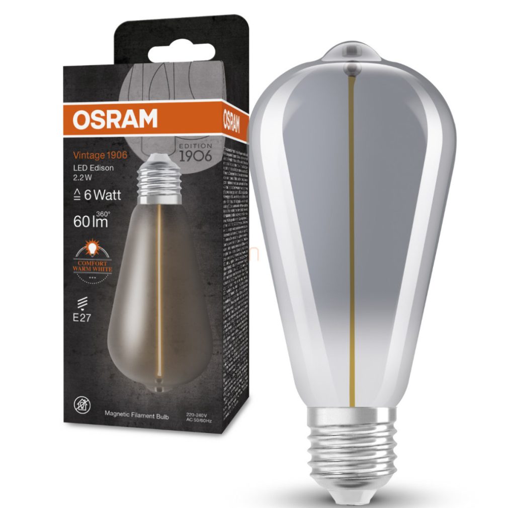 Osram E27 LED 2,2W, 60 lm, 1800 K, lumina lumânării, sticlă fumurie - înlocuiește becul incandescent de 5 W - Vintage 1906 Classic Edison Smoke filament