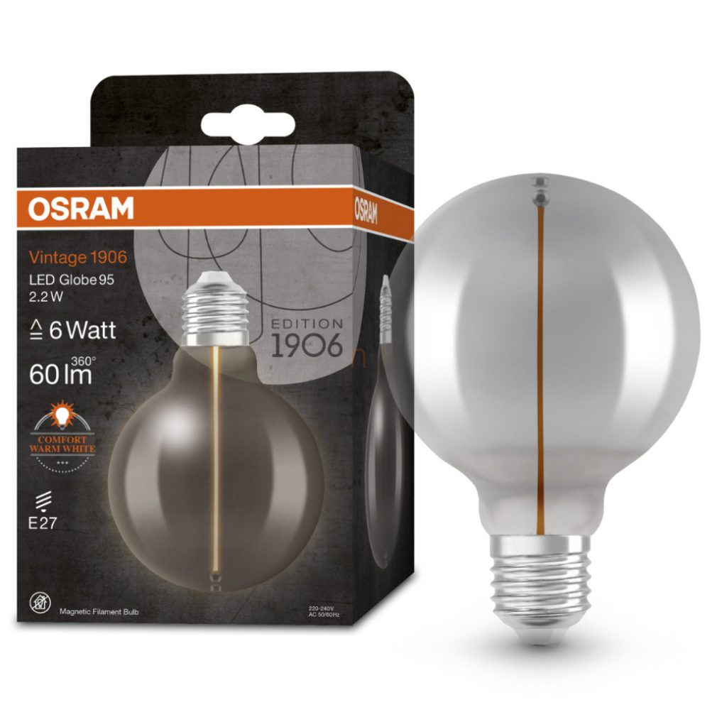 Osram E27 LED 2,2W, 60 lm, 1800 K, lumina lumânării, sticlă fumurie - înlocuiește becul incandescent de 5 W - Vintage 1906 Classic Globe95 Smoke filament