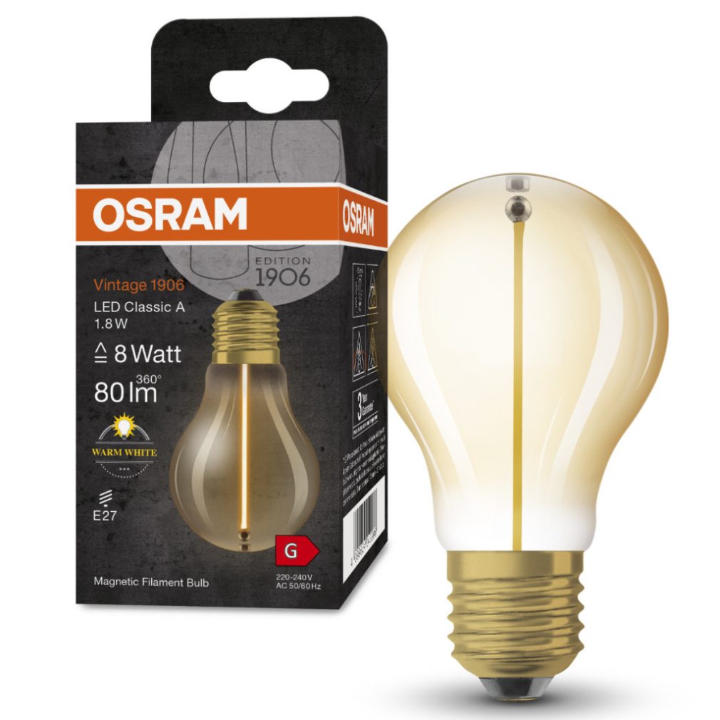 Osram E27 LED 1,8W, 80 lm, 2700 K, alb cald, sticlă aurie - înlocuiește becul de 10 W - Vintage 1906 Classic A Gold filament