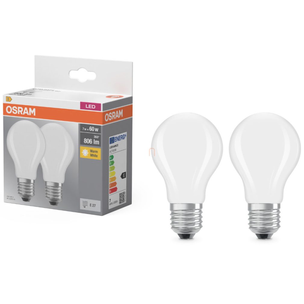 Osram E27 LED 7W, 806 lm, 2700 K, alb cald, sticlă opală - înlocuiește becul normal de 60 W, 2 bucăți - Base Classic A
