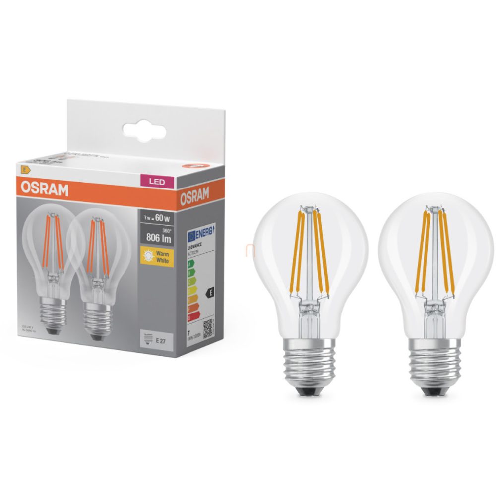 Osram E27 LED 7W, 806 lm, 2700 K, alb cald, sticlă transparentă - înlocuiește becul normal de 60 W, 2 bucăți - Base Classic A 60 filament