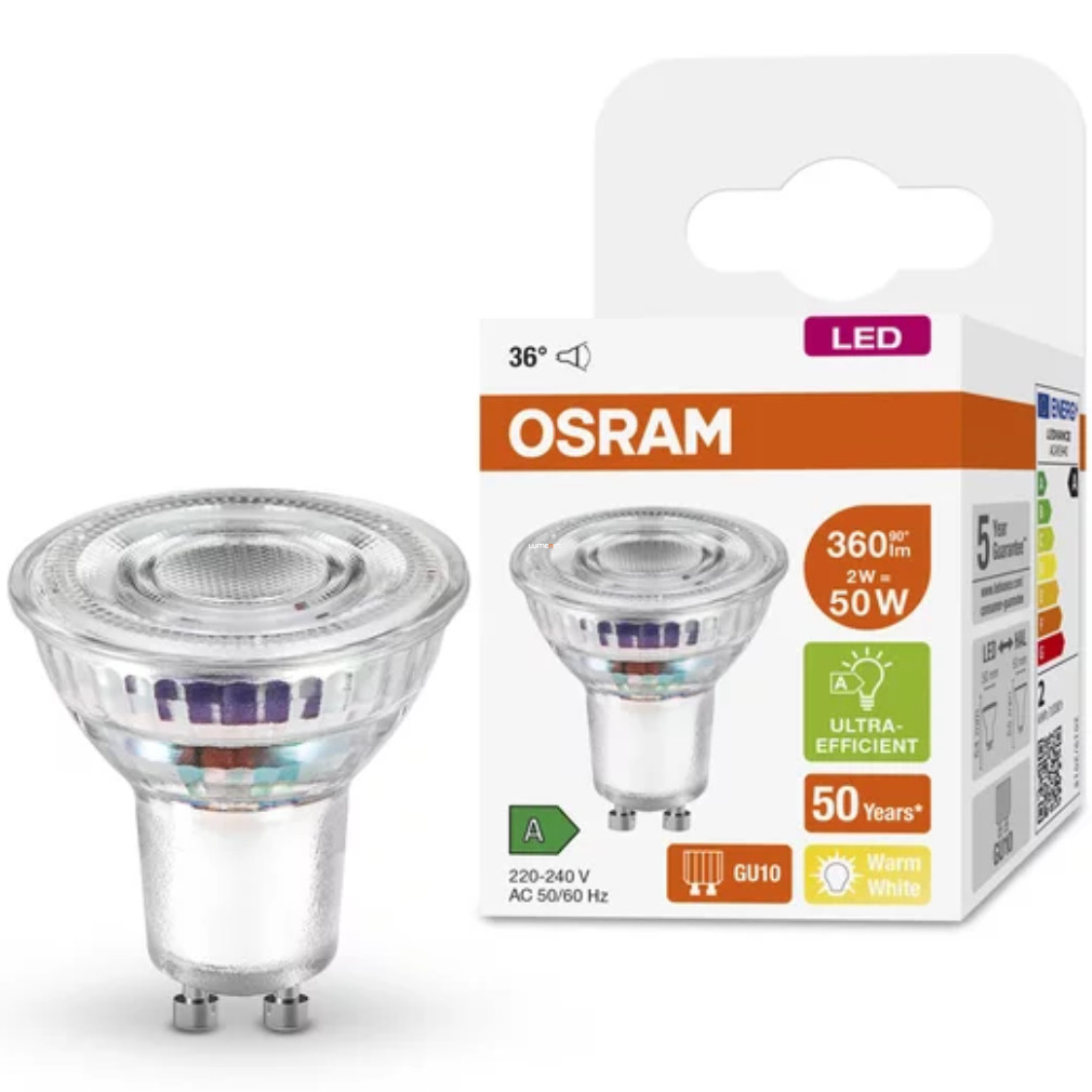 Osram GU10 LED ultra eficient 2W 350lm 2700K 36° - înlocuire bec 50W