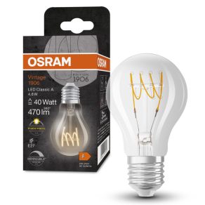   Osram E27 LED 4,8 W, 470 lm, 2700 K, alb cald, cu intensitate reglabilă, sticlă transparentă - înlocuiește becul de 40 W - Vintage 1906 DIM Classic Filament