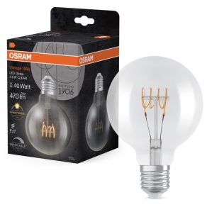   Osram E27 LED 4,8 W, 470 lm, 2700 K, alb cald, cu intensitate reglabilă, sticlă transparentă - înlocuiește becul de 40 W - Vintage 1906 DIM Classic Globe95 filament