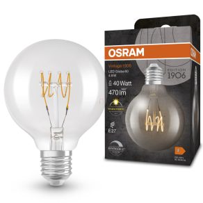   Osram E27 LED 4,8 W, 470 lm, 2700 K, alb cald, cu intensitate reglabilă, sticlă transparentă - înlocuiește becul de 40 W - Vintage 1906 DIM Classic Globe filament