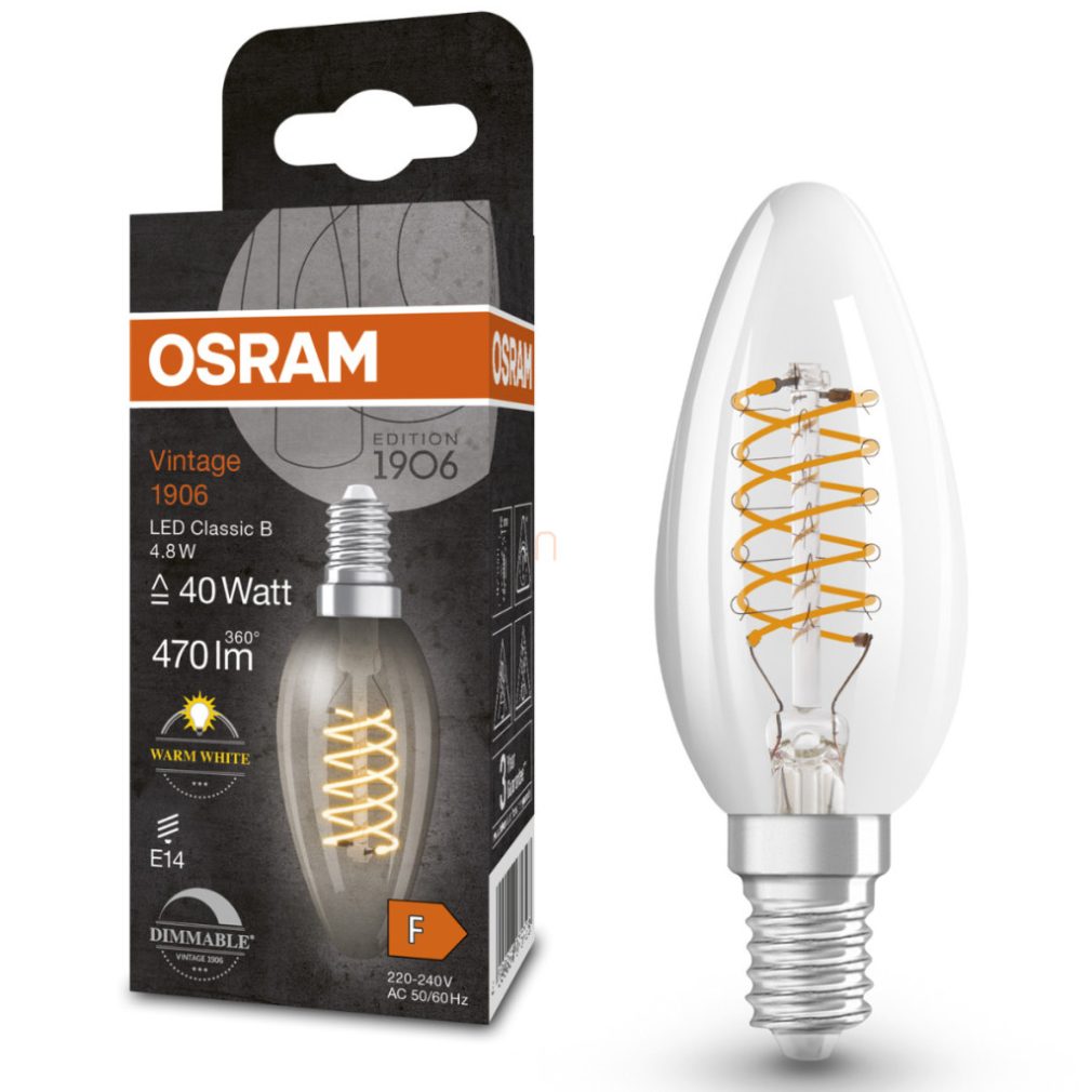 Lămpă LED Osram E14, 4,8 W, 470 lm, 2700 K, alb cald, dimabilă, sticlă transparentă - înlocuiește becul de 40 W - Vintage 1906 DIM Classic B filament