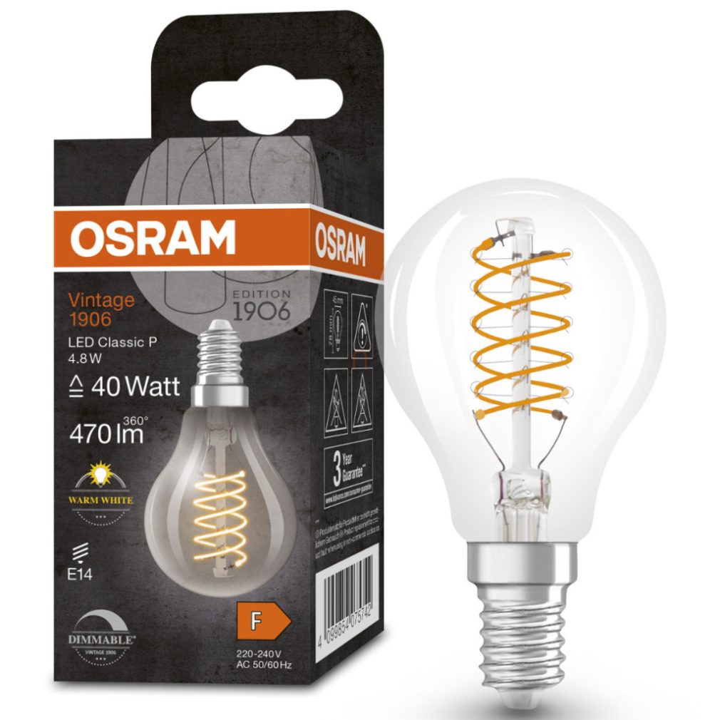 Osram E14 LED globule, 4,8W, 470 lm, 2700 K, alb cald, dimabil, sticlă transparentă - înlocuiește becul de 40 W - Vintage 1906 DIM Classic P filament