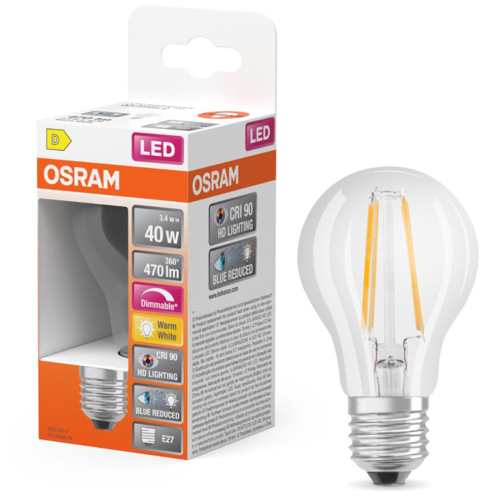 Osram E27 LED 3,4W, 470 lm, 2700 K, alb cald, dimabil, sticlă transparentă - înlocuiește becul normal de 40 W - Superstar+ Classic A filament