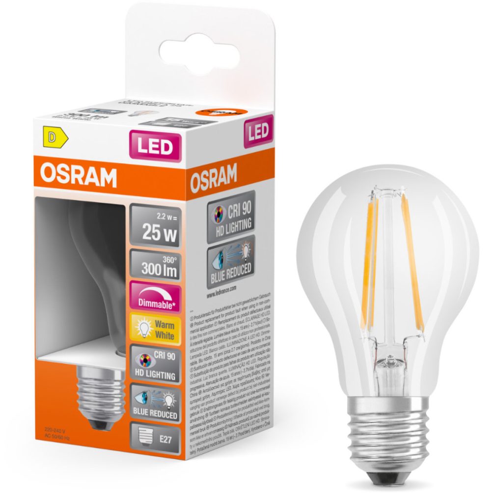 Osram E27 LED 2,2W, 300 lm, 2700 K, alb cald, dimabil, sticlă transparentă - înlocuiește becul normal de 25 W - Superstar+ Classic A filament