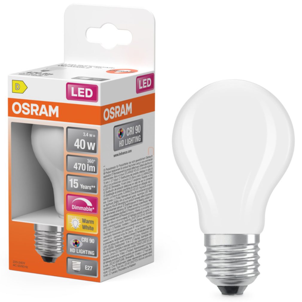 Osram E27 LED 3,4W, 470 lm, 2700 K, alb cald, dimabil, sticlă opală - înlocuiește becul normal de 40 W - Superstar+ Classic A