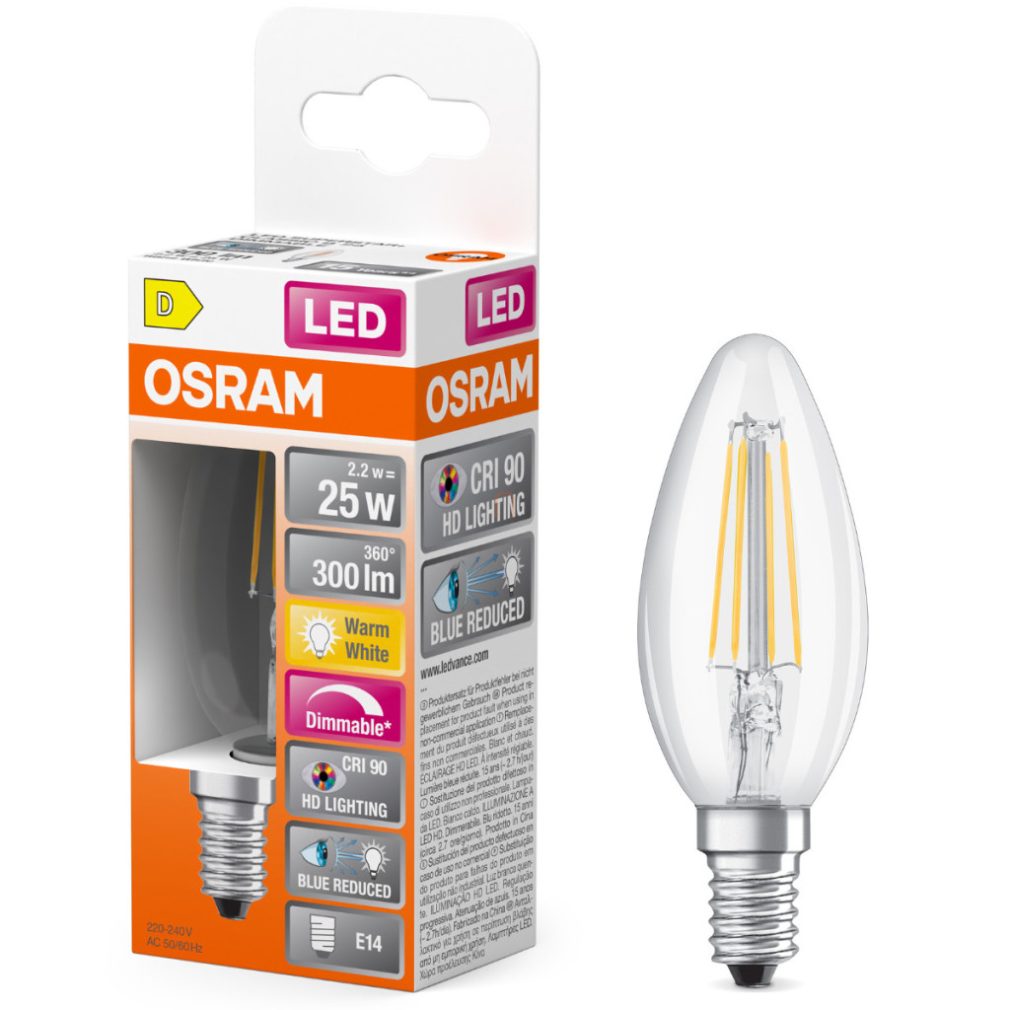Lămpă LED Osram E14, 2,2 W, 300 lm, 2700 K, alb cald, dimabilă, sticlă transparentă - înlocuiește becul de 25 W - Superstar+ Classic B filament