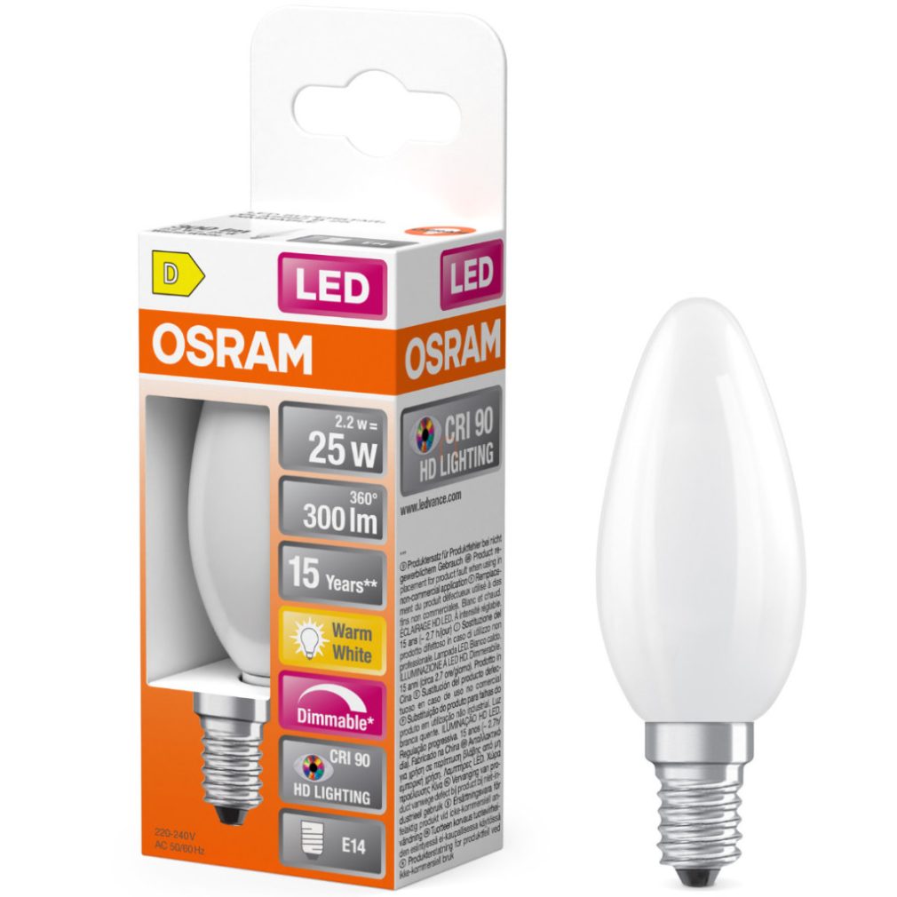 Lămpi LED Osram E14, 2,2 W, 300 lm, 2700 K, alb cald, dimabile, sticlă opală - înlocuiesc becurile de 25 W - Superstar+ Classic B