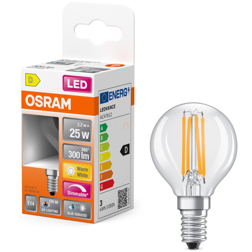 Osram E14 LED globule, 2,2 W, 300 lm, 2700 K, alb cald, dimabil, sticlă transparentă - înlocuiește becul de 25 W - Superstar+ Classic P filament