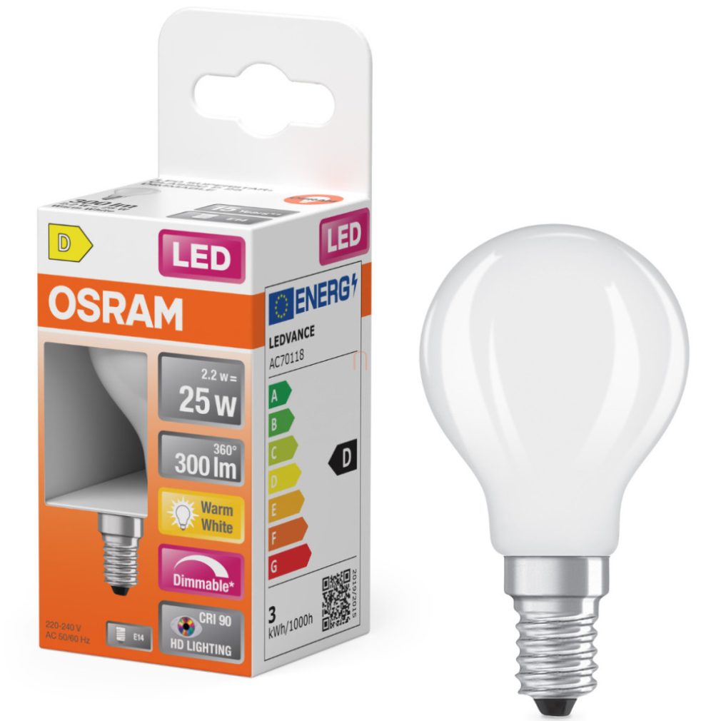 Osram E14 LED globule, 2,2 W, 300 lm, 2700 K, alb cald, dimabil, sticlă opală - înlocuiește becul de 25 W - Superstar+ Classic P