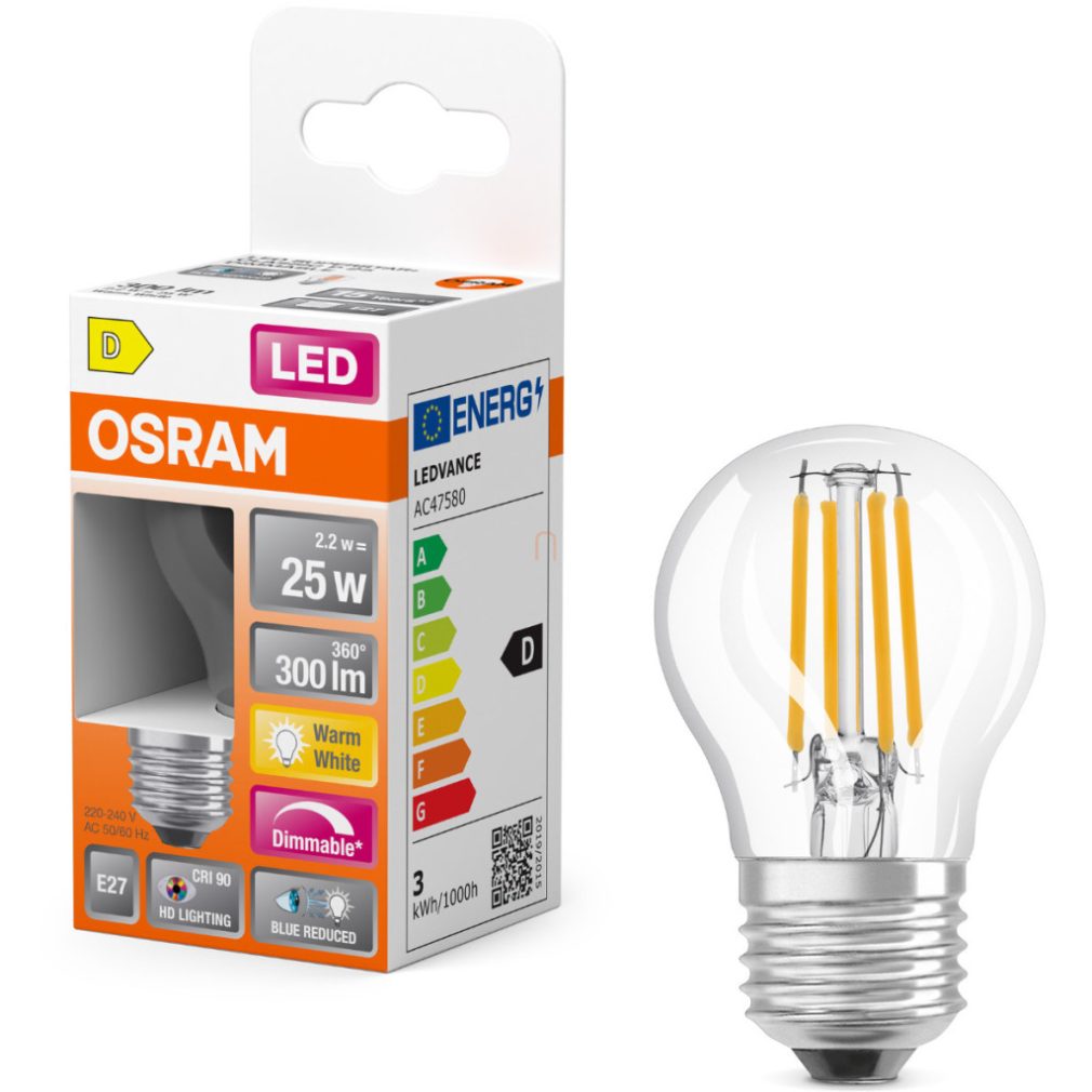 Osram E27 LED globule, 2,2 W, 300 lm, 2700 K, alb cald, dimabil, sticlă transparentă - înlocuiește becul de 25 W - Superstar+ Classic P filament