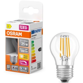   Osram E27 LED glob mic, 2,2 W, 300 lm, 2700 K, alb cald, cu intensitate reglabilă, sticlă transparentă - înlocuiește becul de 25 W - Superstar+ Classic P filament