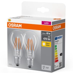   Osram E27 LED 4W, 470 lm, 2700 K, alb cald, sticlă transparentă - înlocuiește un bec standard de 40 W, 2 bucăți - Classic A 40 filament