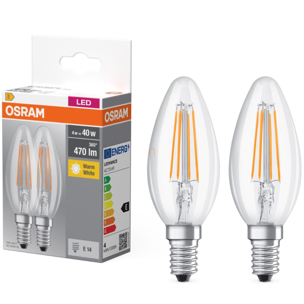 Osram E14 LED bec, 4W, 470 lm, 2700 K, alb cald, sticlă transparentă - înlocuiește becul de 40 W, 2 bucăți - Base Classic B filament