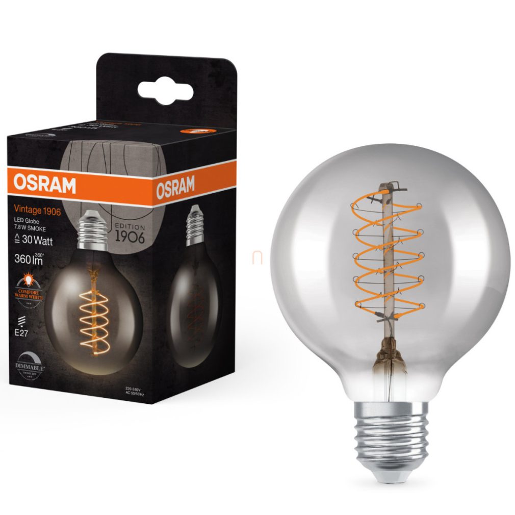 Osram E27 LED 7,8W, 360 lm, 1800 K, lumina de lumânare, reglabilă, sticlă fumurie - înlocuiește becul incandescent de 30 W - Vintage 1906 DIM Classic Globe Smoke filament