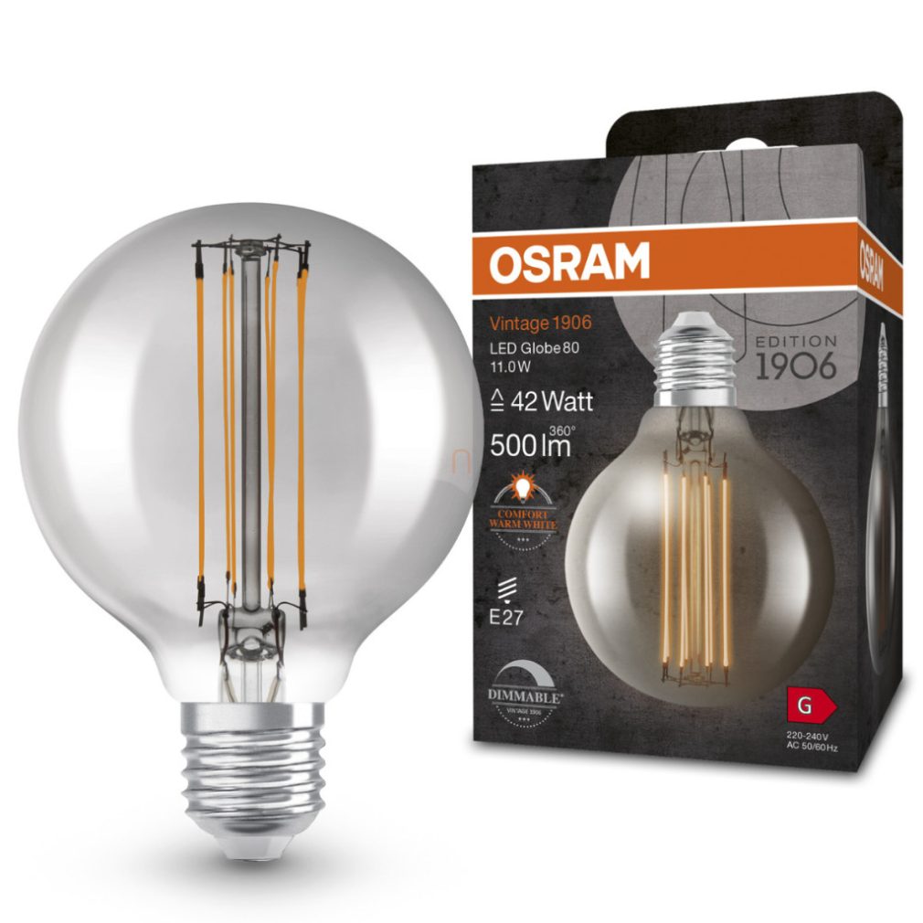 Osram E27 LED 11W, 500 lm, 1800 K, lumina de lumânare, reglabilă, sticlă fumurie - înlocuiește becul de 40 W - Vintage 1906 DIM Classic Globe Smoke filament