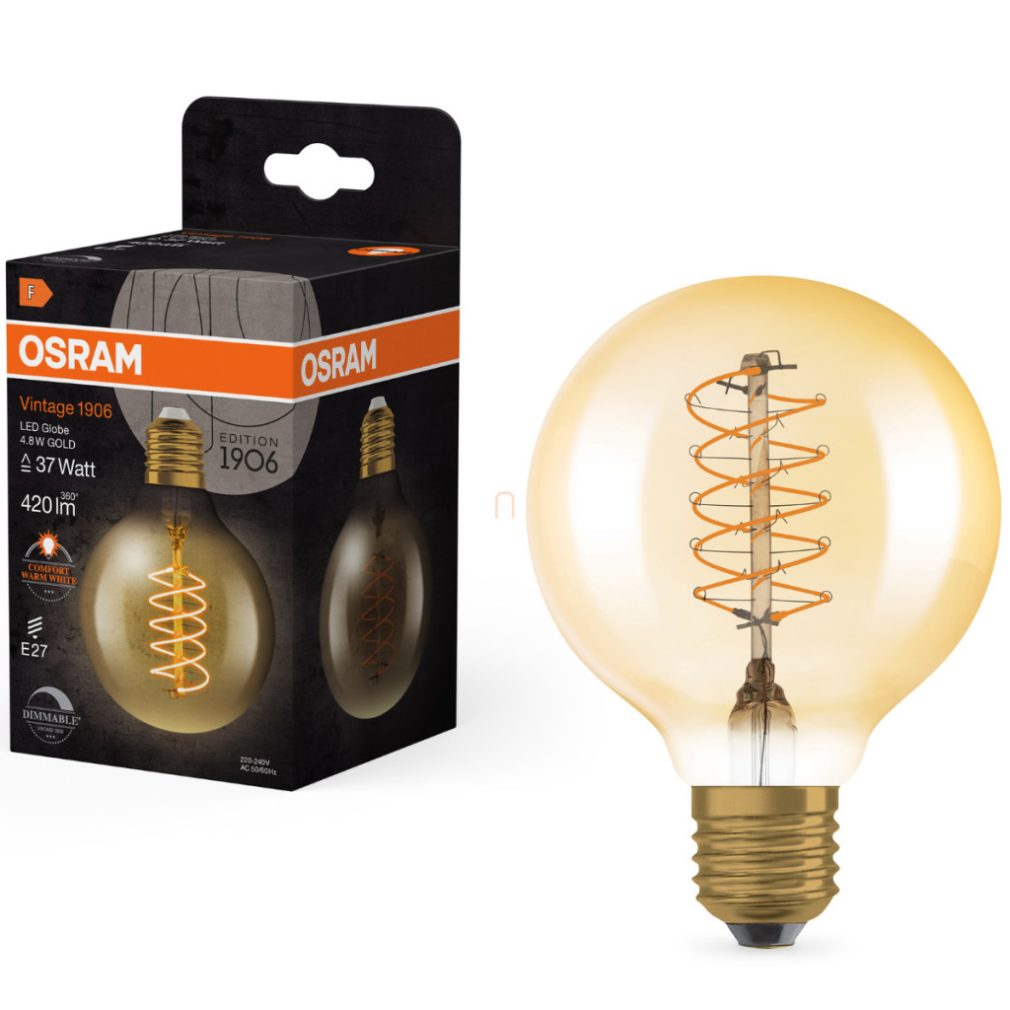 Osram E27 LED 4,8W, 420 lm, 2200 K, lumina de lumânare, reglabilă, sticlă aurie - înlocuiește becul de 35 W - Vintage 1906 DIM Classic Globe Gold filament