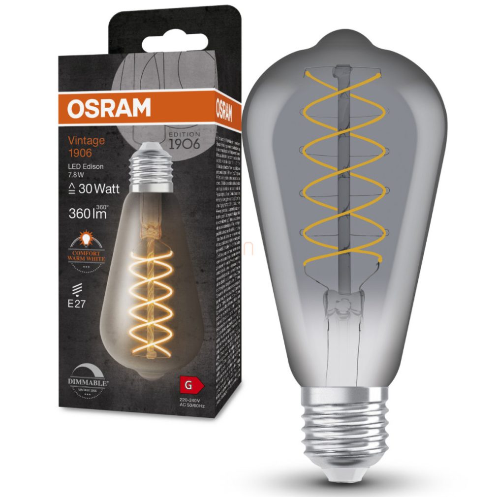 Osram E27 LED 7,8W, 360 lm, 1800 K, lumina de lumânare, reglabilă, sticlă fumurie - înlocuiește becul incandescent de 30 W - Vintage 1906 DIM Classic Edison Smoke filament