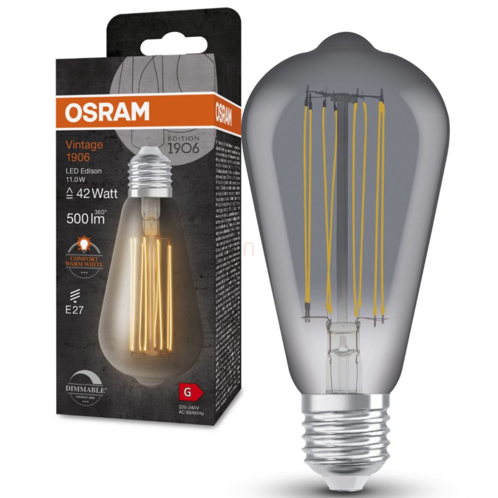 Osram E27 LED 11W, 500 lm, 1800 K, lumina de lumânare, reglabilă, sticlă fumurie - înlocuiește becul incandescent de 40 W - Vintage 1906 DIM Classic Edison Smoke filament