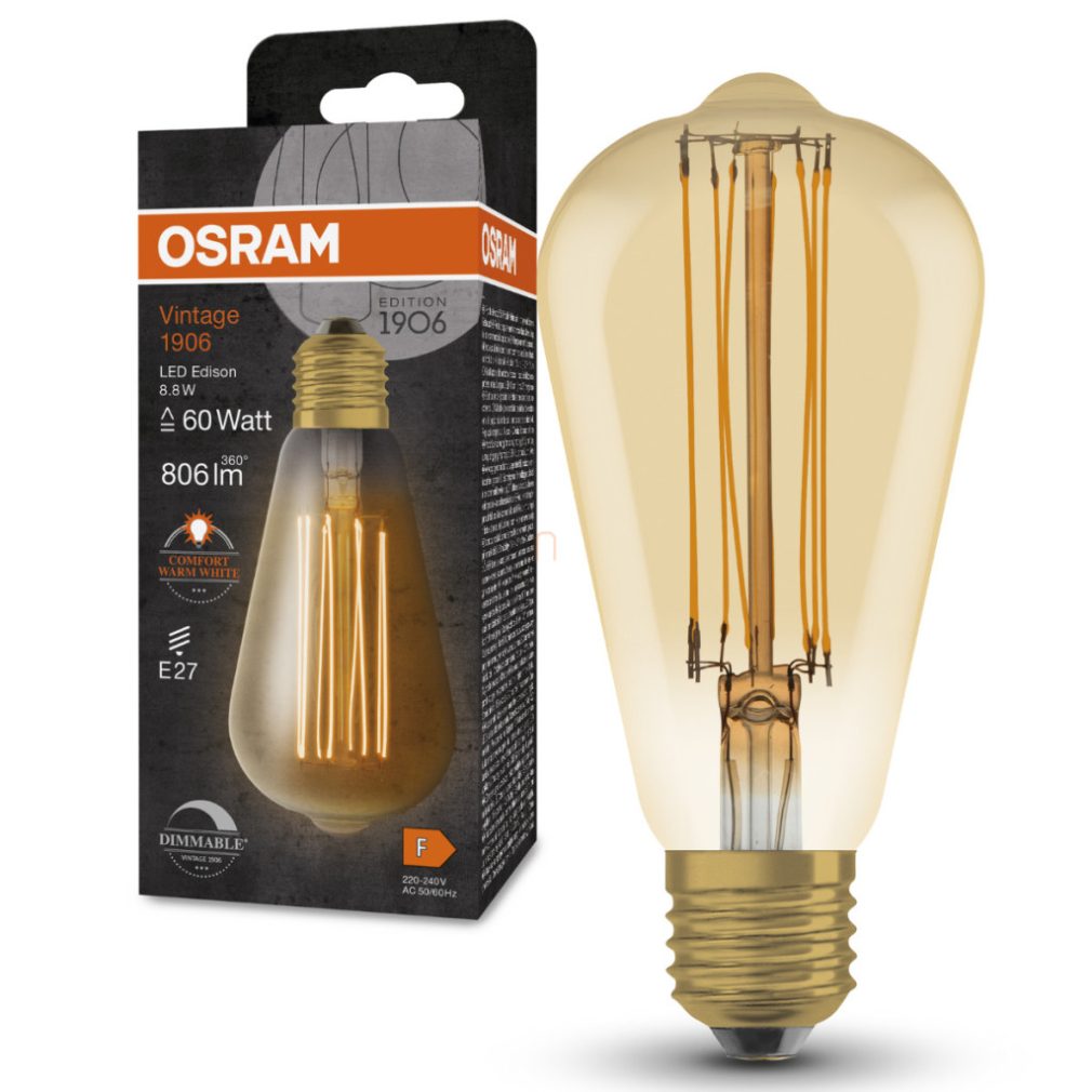 Osram E27 LED 8,8W, 806 lm, 2200 K, lumina de lumânare, reglabilă, sticlă aurie - înlocuiește becul de 60 W - Vintage 1906 DIM Classic Edison Gold filament
