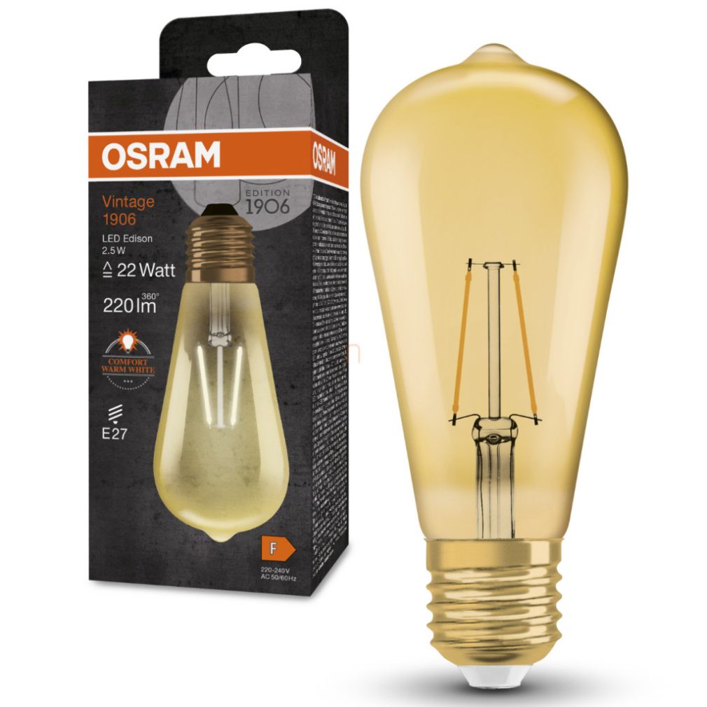 Osram E27 LED 2,5W, 220 lm, 2400 K, lumina de lumânare, sticlă aurie - înlocuiește becul incandescent de 20 W - Vintage 1906 Classic Edison Gold filament