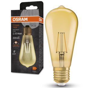   Osram E27 LED 2,5 W, 220 lm, 2400 K, lumină de lumânare, sticlă aurie - înlocuiește becul de 20 W - Vintage 1906 Classic Edison Gold filament