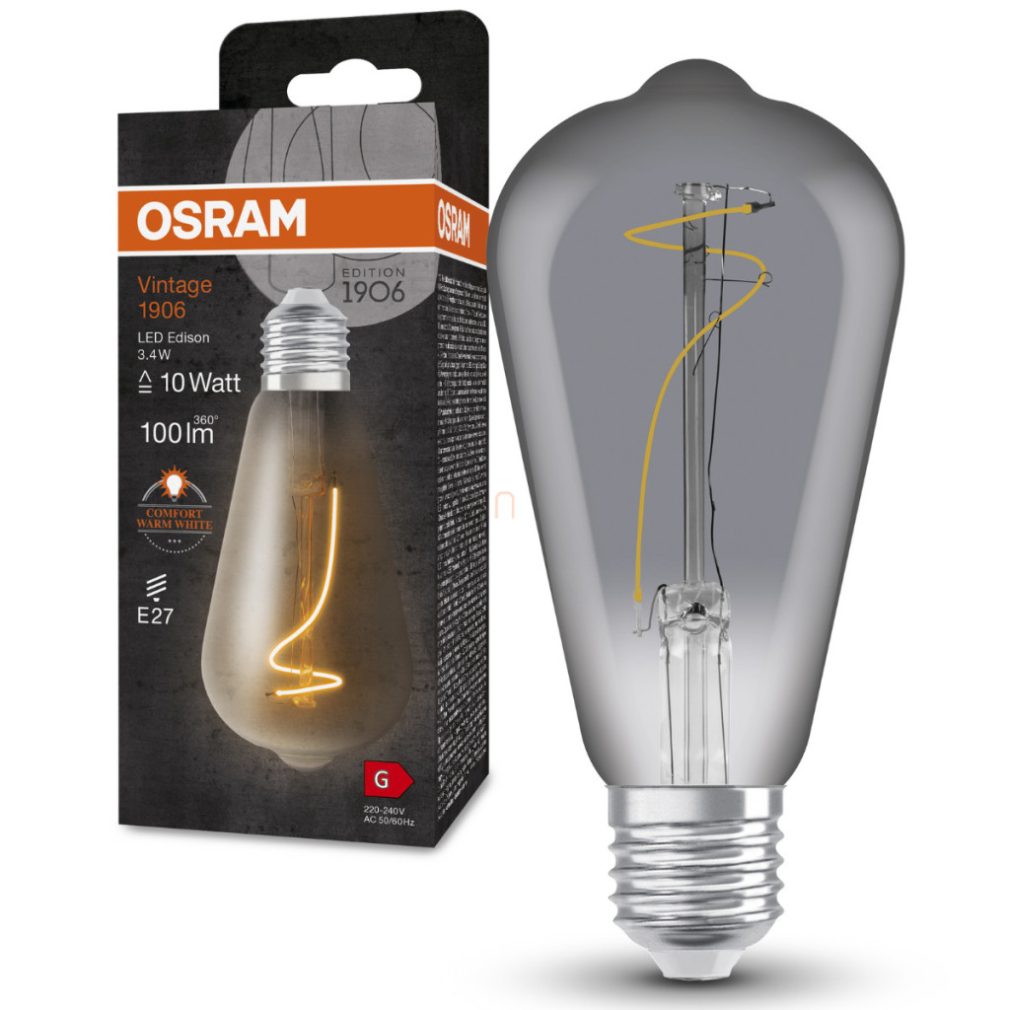 Osram E27 LED 3,4W, 100 lm, 1800 K, lumina de lumânare, sticlă fumurie - înlocuiește becul incandescent de 10 W - Vintage 1906 Classic Edison Smoke filament