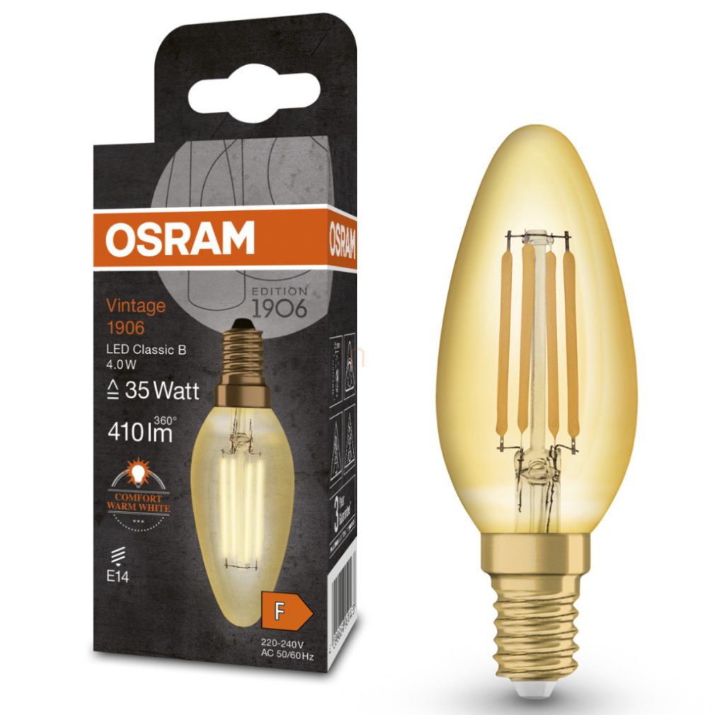 Osram E14 LED lumânare, 4W, 410 lm, 2400 K, lumina lumânării, sticlă aurie - înlocuiește becul incandescent de 35 W - Vintage 1906 Classic BA filament