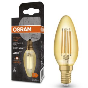   Lumânare LED Osram E14, 4 W, 410 lm, 2400 K, lumină de lumânare, sticlă aurie - înlocuiește becul de 35 W - Vintage 1906 Classic BA filament