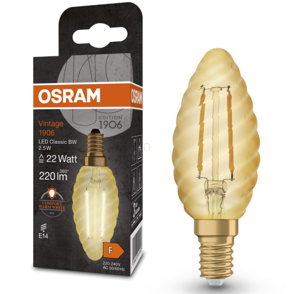 Osram E14 LED lumânare, 2,5W, 220 lm, 2400 K, lumina lumânării, sticlă aurie - înlocuiește becul incandescent de 20 W - Vintage 1906 Classic BW filament