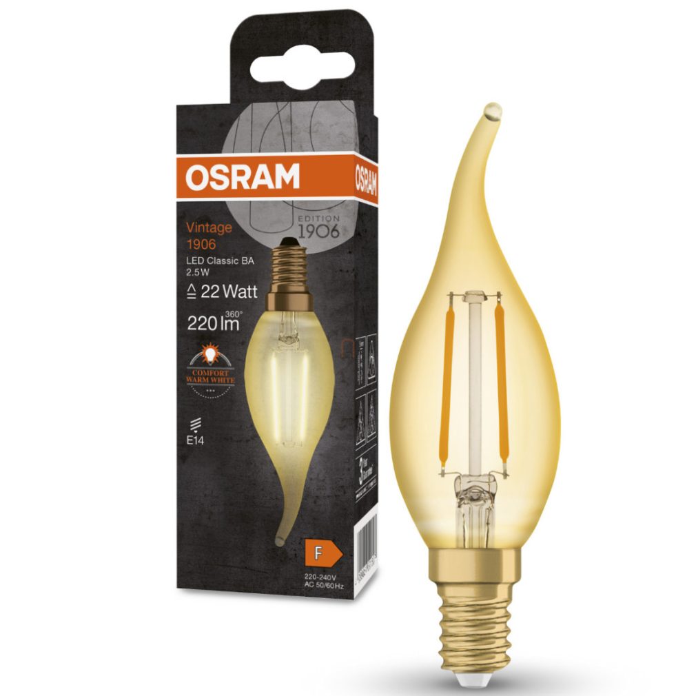 Osram E14 LED lumânare, 2,5W, 220 lm, 2400 K, lumina lumânării, sticlă aurie - înlocuiește becul incandescent de 20 W - Vintage 1906 Classic BA filament