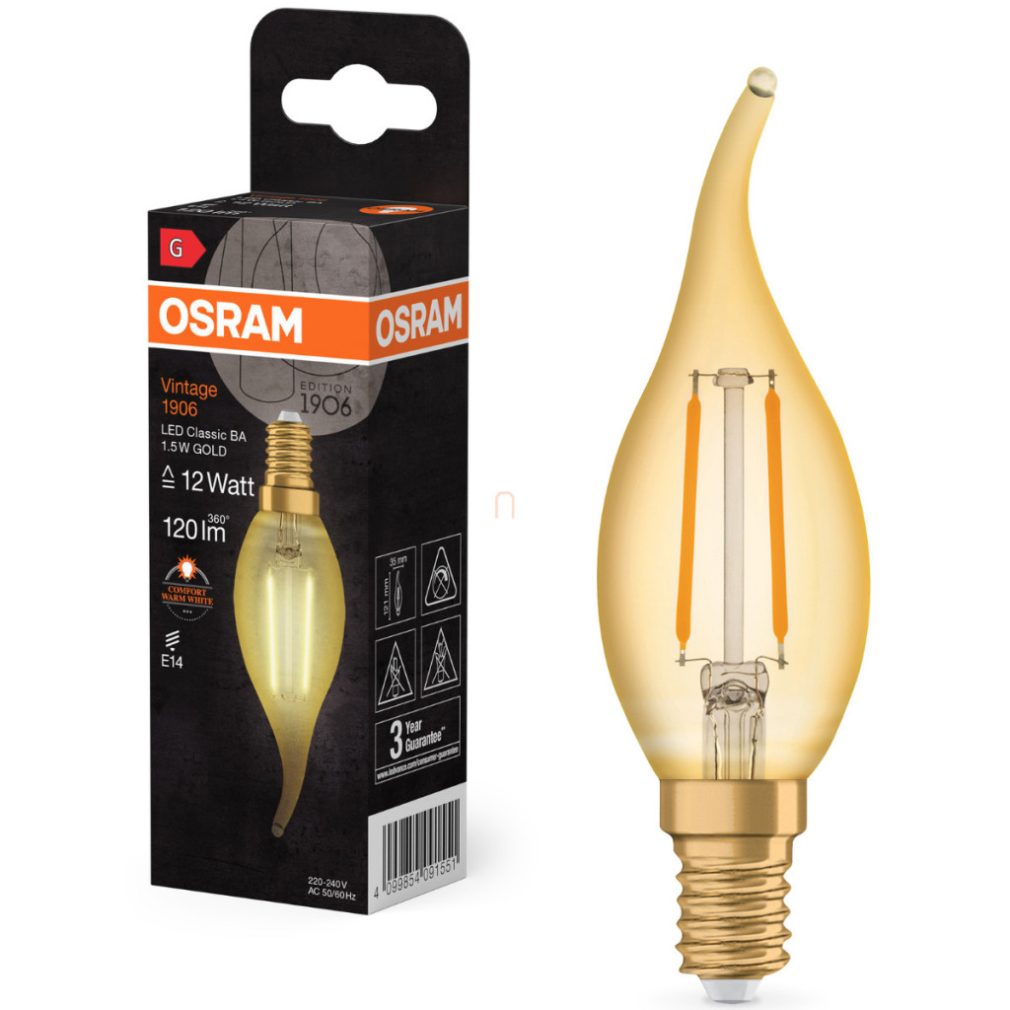 Osram E14 LED lumânare, 1,5W, 120 lm, 2400 K, lumina lumânării, sticlă aurie - înlocuiește becul incandescent de 10 W - Vintage 1906 Classic BA filament