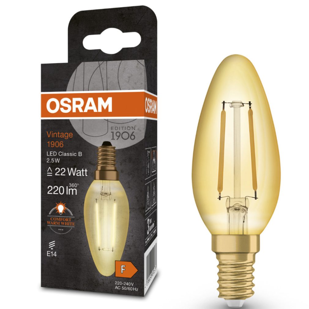 Osram E14 LED lumânare, 2,5W, 220 lm, 2400 K, lumina lumânării, sticlă aurie - înlocuiește becul incandescent de 20 W - Vintage 1906 Classic B filament